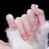 Uña postiza hecha a mano para manicura, al por mayor, longitud media, rosa, permeable al aire, Camelia, parche de uña terminado, pegamento de gelatina