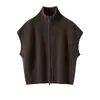 Estilo Holgazán Cuello Alto 100 Cachemira Pura Tejido Cárdigan para Mujer Chaleco Suelto y Elegante Sin Mangas Suéter con Doble Cremallera Blanco