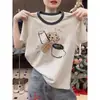 Camiseta de Manga Corta para Mujer con Bloques de Color, Algodón Puro, Moderna y Versátil, Rejuvenecedora y Adelgazante, Top Gris Floral Ligero para la Moda de Verano