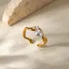 Anillo Abierto de Acero Inoxidable Transfronterizo Europeo y Americano Chapado en Oro de 18 Quilates, Lujo Accesible y Anillo Geométrico de Corazón de Perla de Imitación de Gama Alta