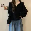 Camiseta Básica Canelada com Decote em V para Mulheres, Primavera, Outono e Inverno, Nova, Solta, Emagrecedora, Plus Size, Comprimento Médio
