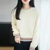Novo Estilo Outono/Inverno 2026 Suéter Tricotado 100% Algodão Puro para Mulheres, Suéter Colorido Listrado com Gola Redonda para Mulheres Baixas