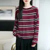 Suéter de Punto Rayado Retro Color-Block para Mujer, Suéter Delgado Holgado de Manga Larga con Cuello Redondo para Otoño, Top Básico Elegante para el Trabajo