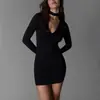 Vestido bodycon negro de verano con escote en V profundo, cut-outs, cremallera frontal y trasera y diseño de espalda abierta, estilo transfronterizo para fiesta y club nocturno para mujer
