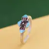 Pendientes de Plata S925 Rey Ciervo Dorado Cloisonné Moda Femenina Estilo Étnico Flor Pequeña Azul Quemado Anillo Abierto