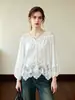 Camisa de renda patchwork estilo francês Nanyou para mulheres, primavera e outono 2026, com amarrações de franja, mangas bufantes, corte solto, top com bordado vazado