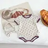 Bolsa Triangular Floral de Verão para Bebê Menina Roupa de Peidar Estilo Coreano ins Gola Redonda Borda Colorida Macacão de Engatinhar Faixa de Cabelo