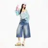 Jeans de Mujer de Largo Medio Siete Puntos Pierna Ancha Rasgados Retro Retro Americano Azul Siete Puntos Patrón Yi Chun