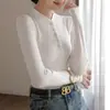 Camiseta de manga larga para mujer con base de cuello Henry, cuello de botones, otoño e invierno, corte ajustado, estiliza, cuello semiabierto, color liso, top ligero y cálido
