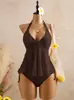 Set más vendido transfronterizo europeo y americano 2026: Traje de baño de alta gama con cuello halter, tiras para atar, volantes y diseño de dos piezas para aguas termales y playa