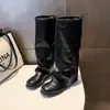 Botas altas de punta cuadrada con tacón grueso para mujer, adelgazantes, para pantorrilla ancha, pierna fruncida arrugada, botas largas, no por encima de la rodilla, de caña alta, estilo equitación