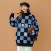 Moda Callejera Holgado Estilo Perezoso Pareja Suéter de Punto Cuello Alto Cuadros Plaid Retro Americano para Hombres y Mujeres en Otoño e Invierno