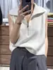 Chaleco de lana estilo coreano para mujer, corte holgado, media cremallera, cuello camisero, cuello alto, sin mangas, suéter de punto, estilo universitario