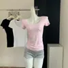 Camiseta Mascarilla Piel de Leche con Cuello en U Grande, Estilo Puro Deseo, Entallada a la Cintura y Adelgazante, Top Modal de Manga Corta con Hombro Normal