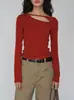 Top Rojo de Manga Larga con Corte Unilateral Eighthmonth One, Diseño Único, Camiseta Básica Ajustada de Primavera para Mujer