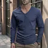Comercio exterior transfronterizo primavera y verano nuevo para hombre algodón lino color liso cuello en V casual retro holgado manga larga camiseta camisa top