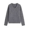 Suéter de Tricô Trançado com Gola V Retrô para Mulheres, Cardigã Solto Curto de Tricô Grosso, Blusa Elegante de Manga Longa para o Dia a Dia