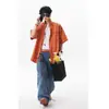 Camisa Retro Americana de Cuadros Naranja de Manga Corta para Hombres y Mujeres, Nuevo Estilo de Verano Holgada Casual Cityboy Estilo Japonés