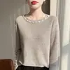Suéter de Punto Hueco con Perlas de Alto Diseño Estilo Francés para Mujer, Suéter Pulóver Azul Claro, Cuello Redondo, Top Básico Holgado