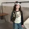 Camiseta de Manga Larga Raglán para Niña Niños Estilosa Ajuste Delgado Dibujos Animados Bloque de Color Capa Base