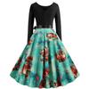 1131# Disparo real en stock Amazon estilo retro Hepburn estampado navideño costura manga larga vestido de falda amplia