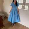 Vestido Azul de Mangas Abullonadas con Cuello en V Estilo Suave para Mujer, Nuevo Vestido Largo Elegante de Verano que Ceñe la Cintura Estilo Dopamina
