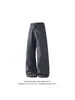 Jeans negros de pierna ancha con dobladillo curvo para hombre, mezclilla lavada estilo retro americano, marca de moda, pantalones rectos holgados de largo hasta el suelo