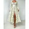 Comercio exterior transfronterizo de AliExpress estilo europeo y americano vestido largo estampado con volantes cuello en V francés adelgazante con mangas abullonadas