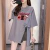 Camiseta Casual Holgada de Algodón con Aberturas Laterales y Tirantes de Lazo para Mujer, Marca Trendy de Calle Graffiti de Longitud Media Adelgazante Versátil Top Ins