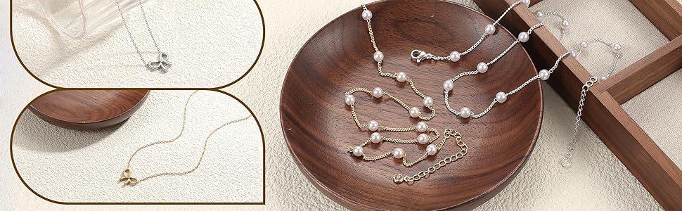 Gold Pearl Necklace and Bow Necklace