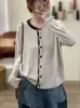 Outono 2026 Novo Fio de Algodão Vintage Solto Color Block Gola Redonda Simples Versátil Casual Jaqueta Suéter de Tricô para Mulheres