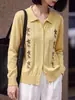 Suéter de Punto con Cuello Polo Bordado Hueco, Versátil para Otoño e Invierno, Estilo Old Money, Elegante Top Vintage Simple de Lana Fina