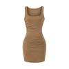 Vestido Básico de Color Sólido Bodycon sin Mangas con Cuello Cuadrado y Cintura Fruncida de Tiro Alto a la Moda