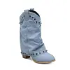 Botas de mujer de otoño e invierno transfronterizas de punta redonda a media pantorrilla, botas estilo Martin nuevas y ligeras, botas de mezclilla de tacón alto para mujer en color liso