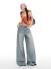 Yechuan # Jeans de Pierna Ancha Estilo Americano Azul Claro High-Street para Mujer, Pantalones Sueltos con Caída Vintage Lavados de Cintura Alta hasta el Suelo.
