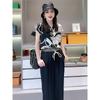 Moda Tendência Estilo Coreano Calça de Perna Larga Estilo Esportivo Nova Cor Color-Blocking Estilo Nacional Top Solto de Manga Curta Rejuvenescedor Conjunto de Duas Peças para Mulheres