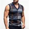 2026 Otoño Transfronterizo Nuevo Chaleco Suéter de Moda para Hombre Tejido a Cuadros Cuello en V Pulóver Chaleco para Hombre Europeo y Americano