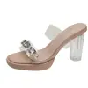 Sandalias de tacón transparente de cristal con pedrería estilo francés para mujer, chanclas de verano de una tira con tacón grueso de alta gama, sandalias de tacón alto para exteriores