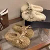 Pantuflas de exterior para mujer hechas de lana de cordero, pantuflas de felpa con lazo para dama, pantuflas de algodón lindas y cálidas para interior para otoño e invierno