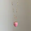 Colar Pingente de Morango Rosa Degradê e Anel Feminino, Temperamento Doce e Fofo, Corrente de Suéter Choker Fashion