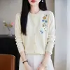 Cárdigan de Punto para Mujer, Nuevo Estilo Otoño/Invierno, Abrigo Bordado Floral de Cuello Redondo, Suéter Elegante de Manga Larga, Top Base de Canalé