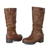 Botas de cuero de caña alta para mujer, estilo europeo y americano, para otoño e invierno, talla grande, color liso, botas de jinete, punta redonda, suela gruesa, antideslizantes, tacón cuadrado, 35-45
