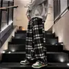 Calça Xadrez Preto e Branco Estilo Retrô Americano Masculina Primavera e Outono Estilo Japonês Preguiçoso Reta Solta de Perna Larga Tamanho Plus Casual Longa