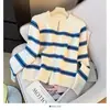 Chamarra Suéter de Punto Cardigan Holgado Estilo Perezoso con Rayas de Contraste Retro Coreano Cuello Redondo con Cremallera para Mujer Otoño e Invierno