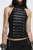 Top corto europeo y americano de estilo punk oscuro, sin mangas y con cuello halter, con múltiples correas de cuero y hebillas de bola metálica, sexy crop top