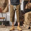 Shorts de Trabalho Retrô Americano Desgastado Lenhador Soltos Retos Multibolsos Algodão Puro Casuais Capris Verão Masculino
