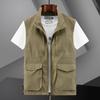 Colete Masculino de Múltiplos Bolsos Primavera e Outono Gola Alta Roupa de Trabalho Colete Fino Casual Cor Sólida Simples Solto Colete Jaqueta