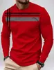 Camiseta de Manga Larga Roja con Cuello Redondo para Hombre con Estampado de Cuadros de Líneas Geométricas Negras y Grises en el Pecho Tela Ligera Transpirable
