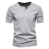 Camiseta para Hombre Amazon Transfronteriza Camisa Henry Estilo Europeo y Americano Ajustada Botones Cuello Redondo Color Sólido Casual Deportivo Manga Corta
