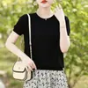 Nova moda de verão T-shirt versátil de gola redonda, manga curta, cor sólida, corte solto em Liocel, versão coreana, camiseta básica simples de cor sólida para mulheres